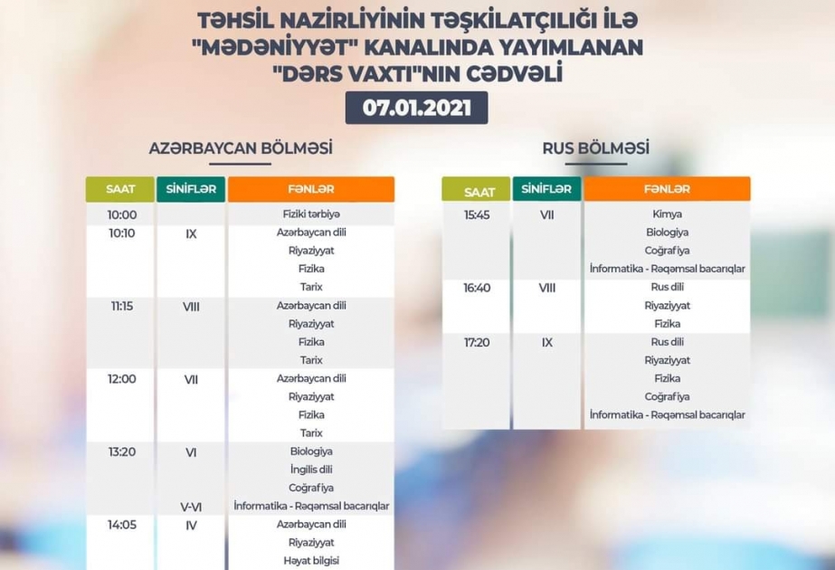 Teledərslərin yanvarın 7-nə olan cədvəli