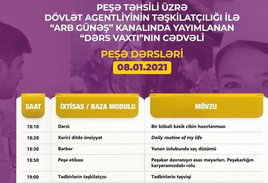 Peşə təhsili üzrə “Dərs vaxtı”nın yanvarın 8-nə olan cədvəli