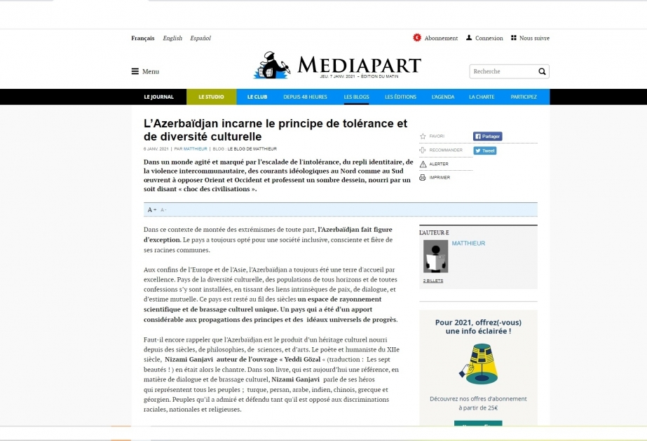 Mediapart a publié un article du délégué permanent adjoint d'Azerbaïdjan auprès de l'UNESCO