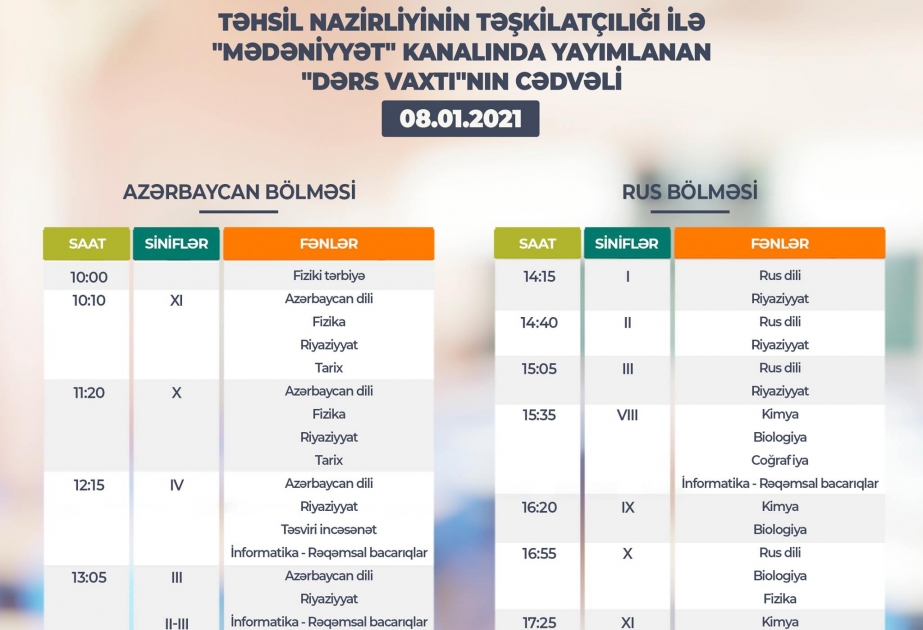 Teledərslərin yanvarın 8-nə olan cədvəli