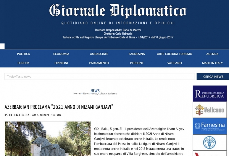 İtaliya mətbuatı: 2021-ci il Azərbaycanda “Nizami Gəncəvi İli” elan edilib