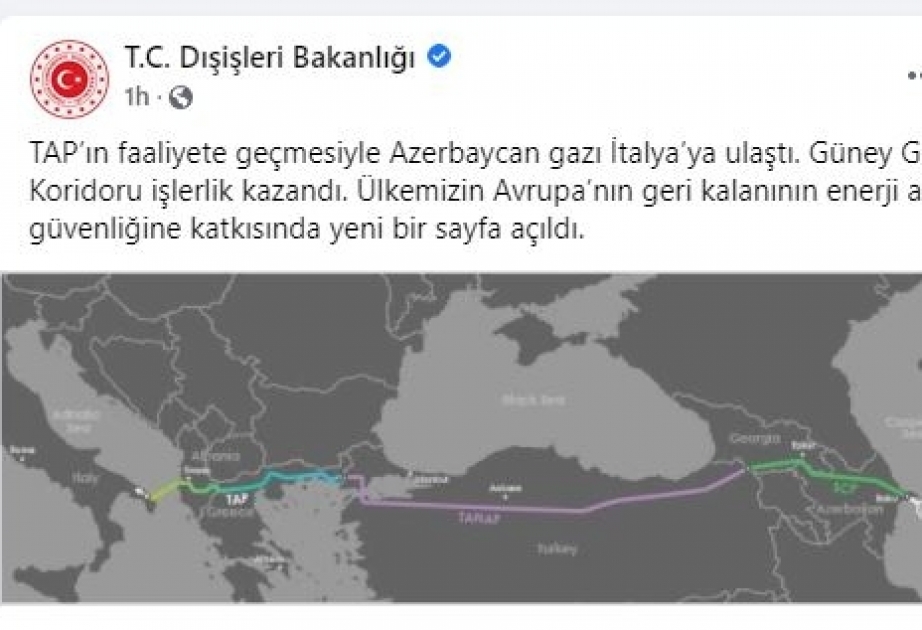 Türkiyə XİN Azərbaycan qazının İtaliyaya çatması ilə bağlı paylaşım edib