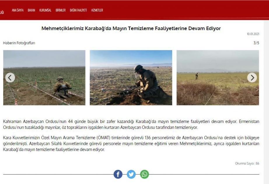 Türkiyənin Milli Müdafiə Nazirliyi: Hərbçilərimiz Qarabağda ərazilərin minalardan təmizlənməsində iştirak edir