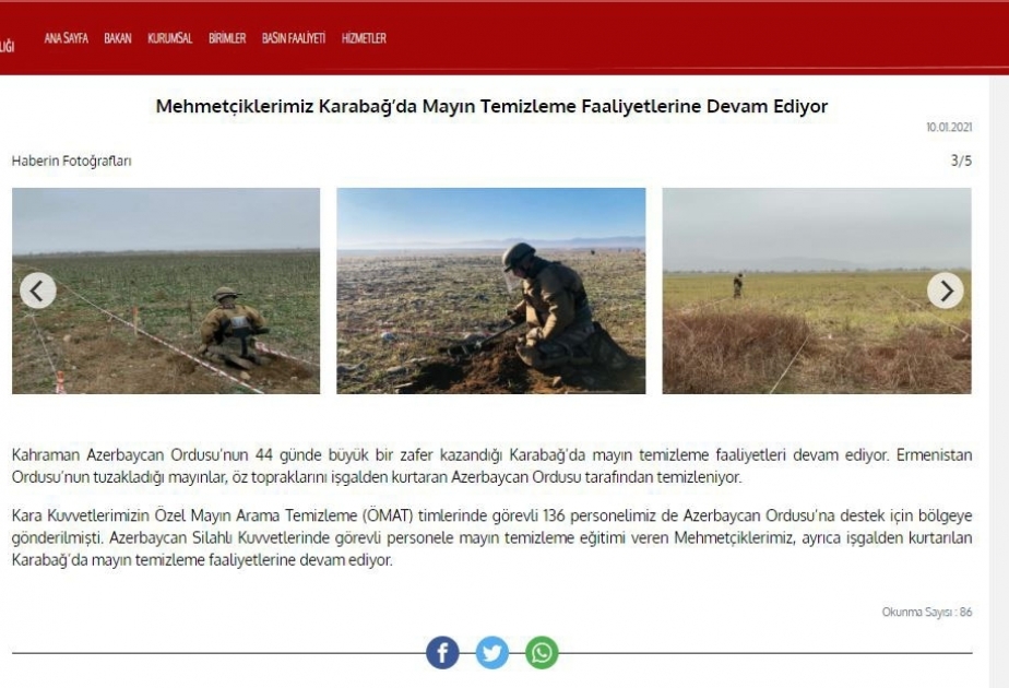 الدفاع التركي: عسكريونا يشاركون في إزالة الألغام في قراباغ