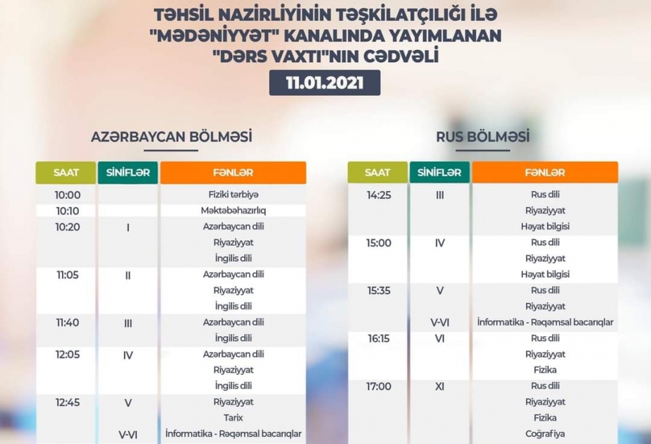 Teledərslərin yanvarın 11-nə olan cədvəli
