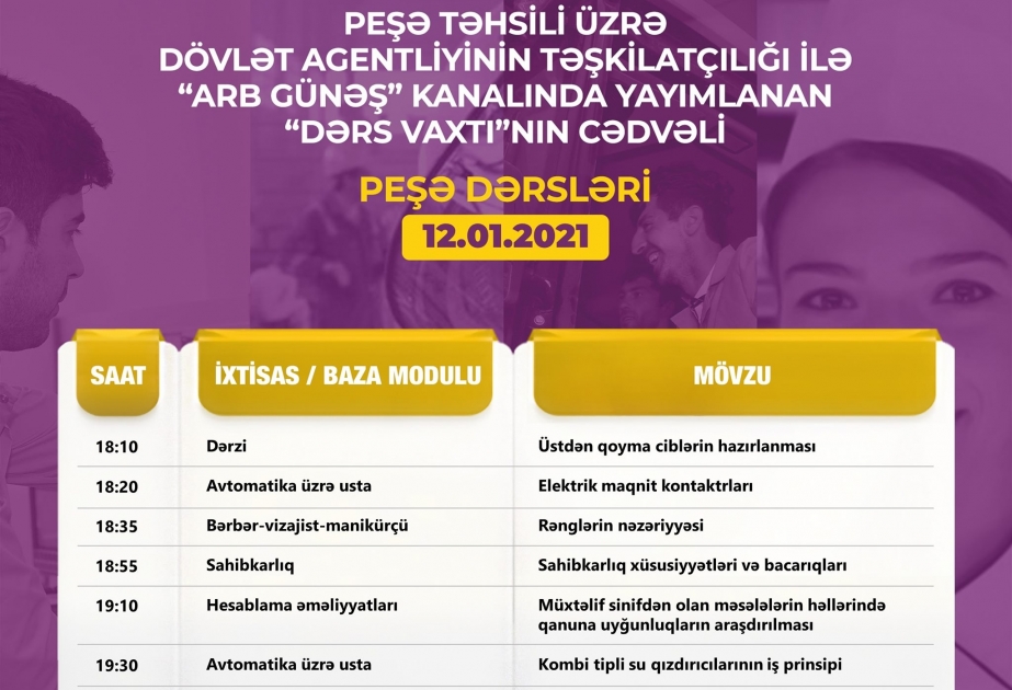 Peşə təhsili üzrə “Dərs vaxtı”nın yanvarın 12-nə olan cədvəli