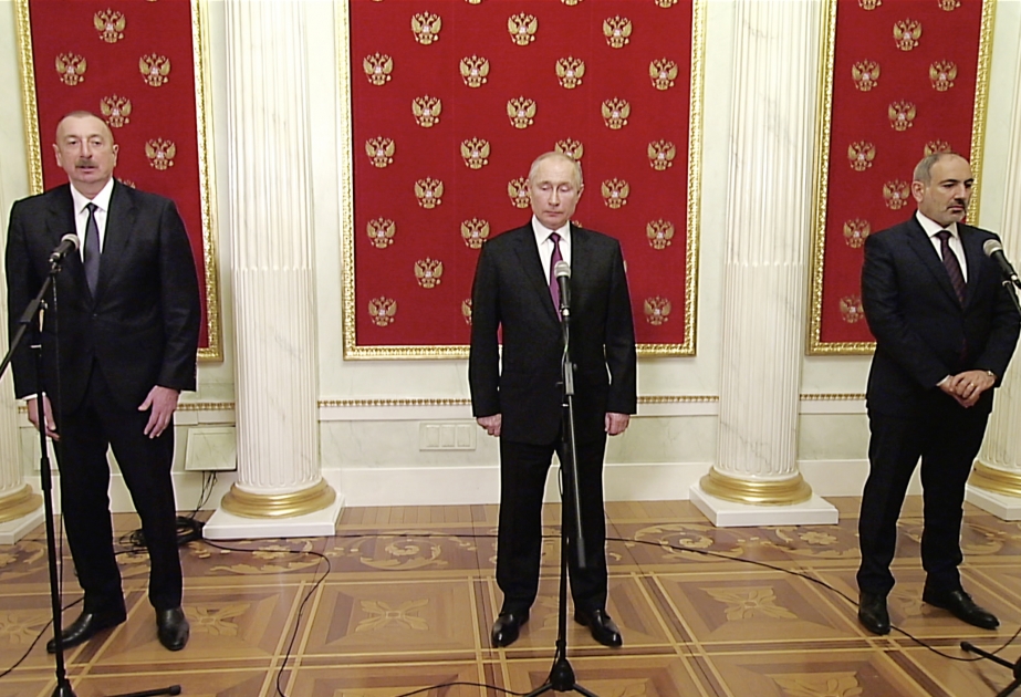Russian President, Azerbaijani President and Armenian Prime Minister made press statements VIDEO