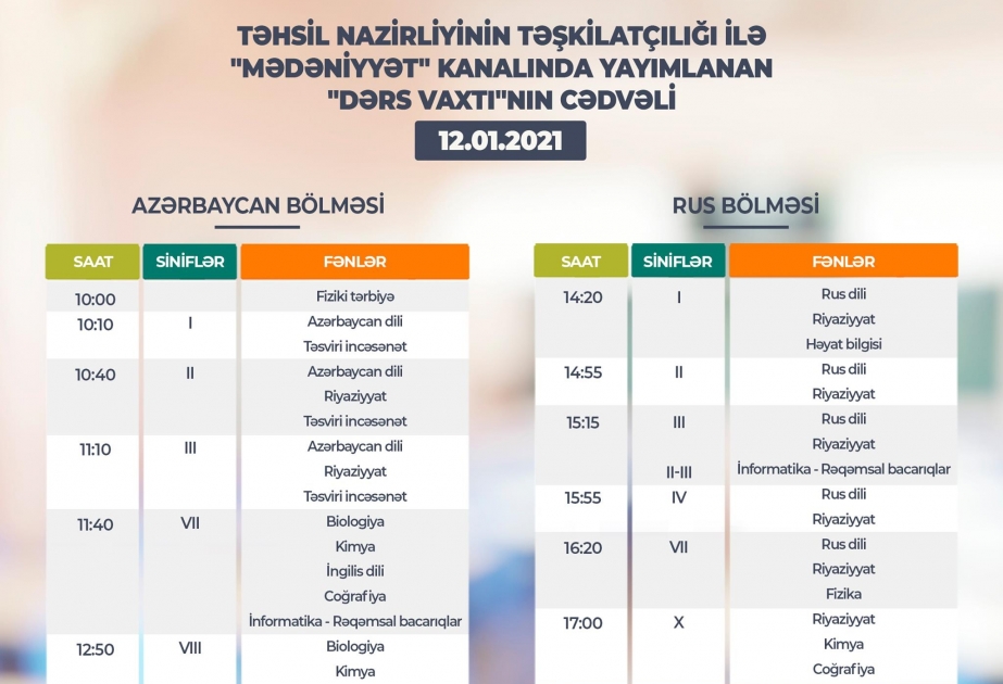 Teledərslərin yanvarın 12-nə olan cədvəli