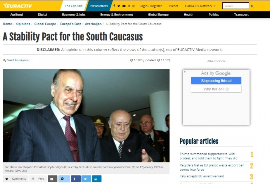 “Euractiv” portalı: Cənubi Qafqazda sülh, sabitlik və əməkdaşlıq təşəbbüsünün reallaşması üçün fürsət yaranıb