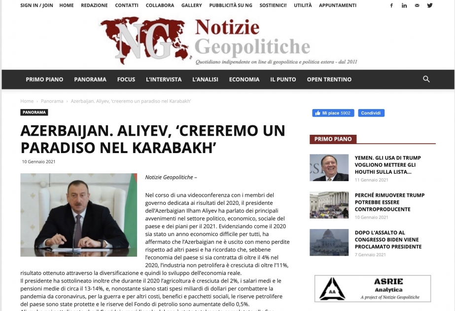 Prezident İlham Əliyevin Qarabağın inkişaf perspektivləri ilə bağlı fikirləri İtaliya mətbuatının diqqət mərkəzində olub