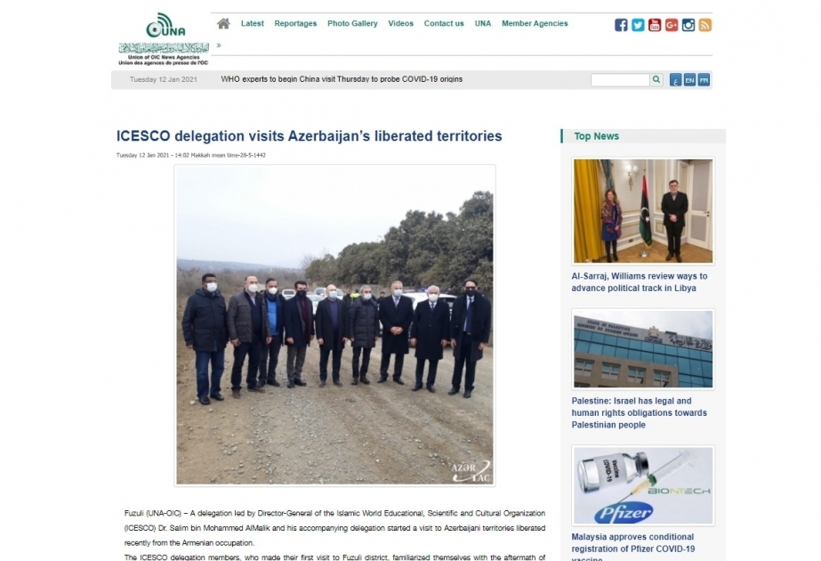 El sitio web de las agencias nacionales de noticias de la OCI ha publicado información sobre la visita de la delegación de la ICESCO a territorios liberados de Azerbaiyán
