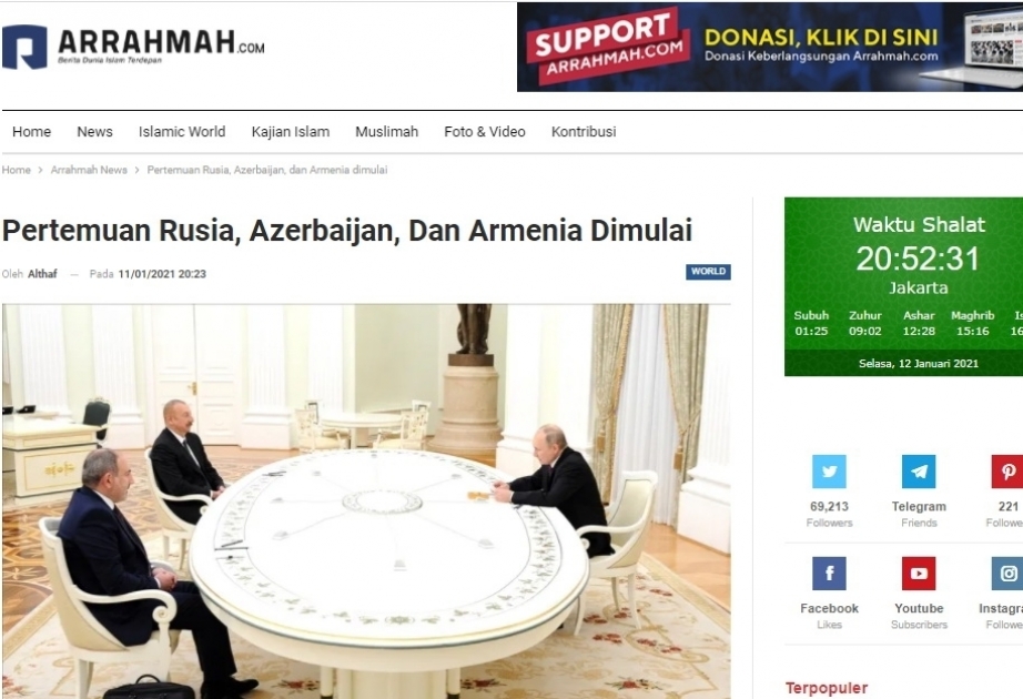 Indonesian media highlight Moscow meeting of Azerbaijani, Russian and Armenian leaders