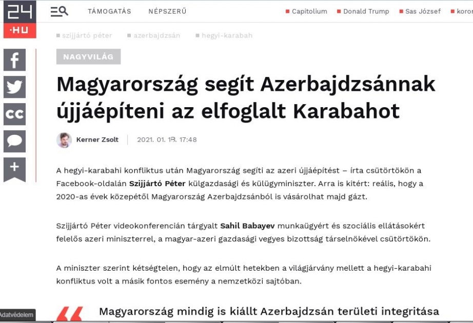 Издание 24.hu пишет о намерении Венгрии быть среди первых стран, участвующих в восстановлении Нагорно-Карабахского региона Азербайджана