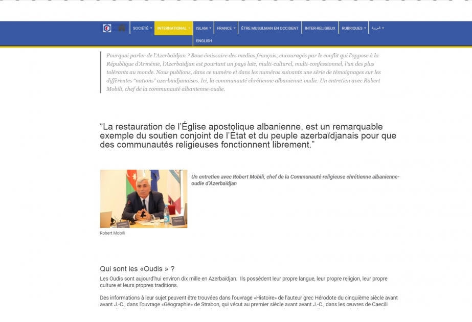 Le journal des musulmanes et musulmans en France a publié un article sur la communauté chrétienne albanienne-oudie en Azerbaïdjan