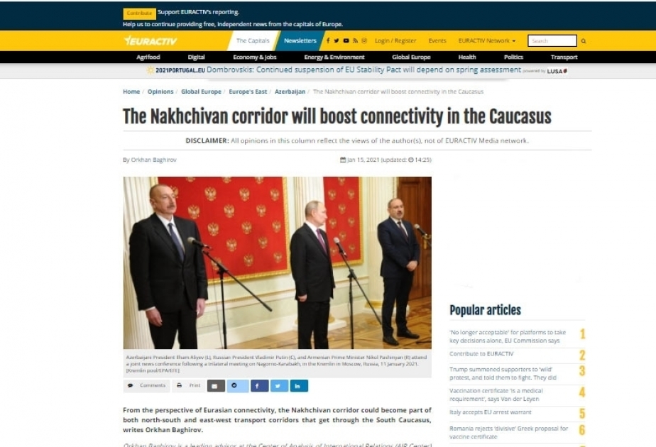 Euractiv: The Nakhchivan corridor will boost connectivity in the Caucasus