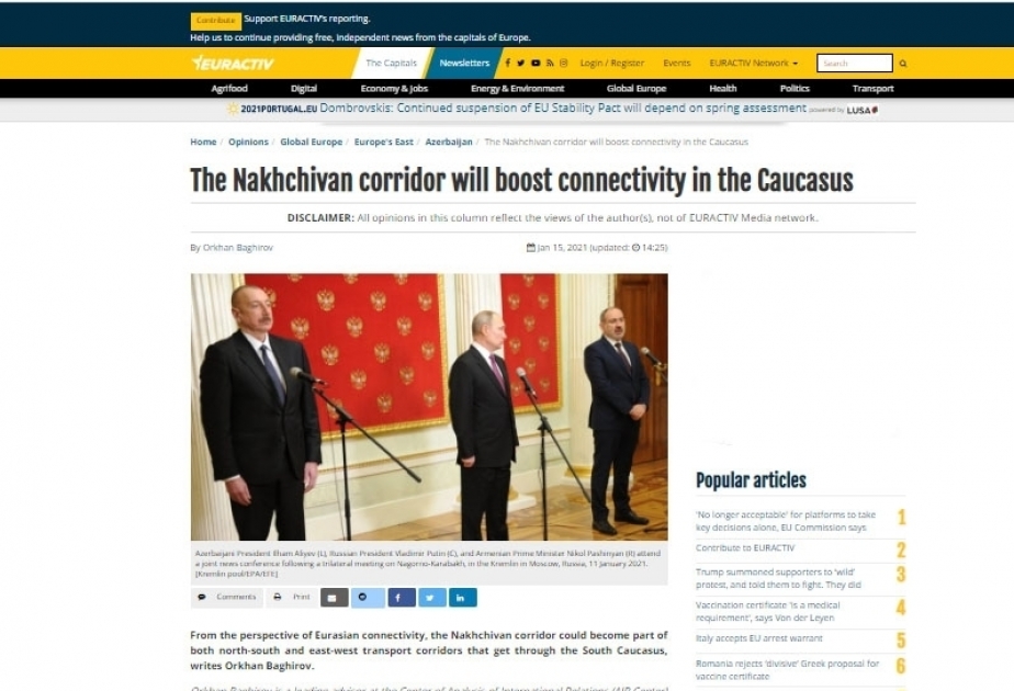 Euractiv: “El corredor de Najchiván impulsará la conectividad en el Cáucaso”