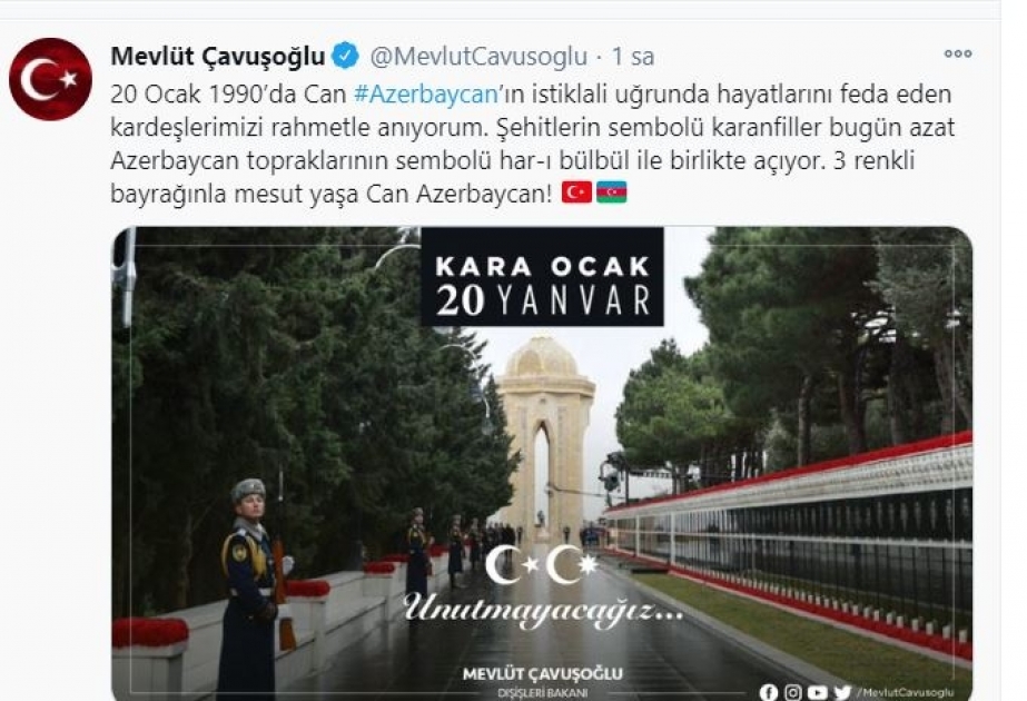 Mövlud Çavuşoğlu: Üçrəngli bayrağınla məsud yaşa, Can Azərbaycan!
