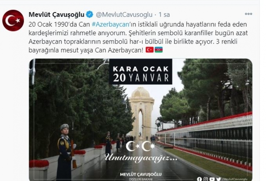 Canciller turco: “Claveles, convertidos en símbolo de los mártires, florecen hoy junto con jari bulbul, símbolo de las tierras de Azerbaiyán”