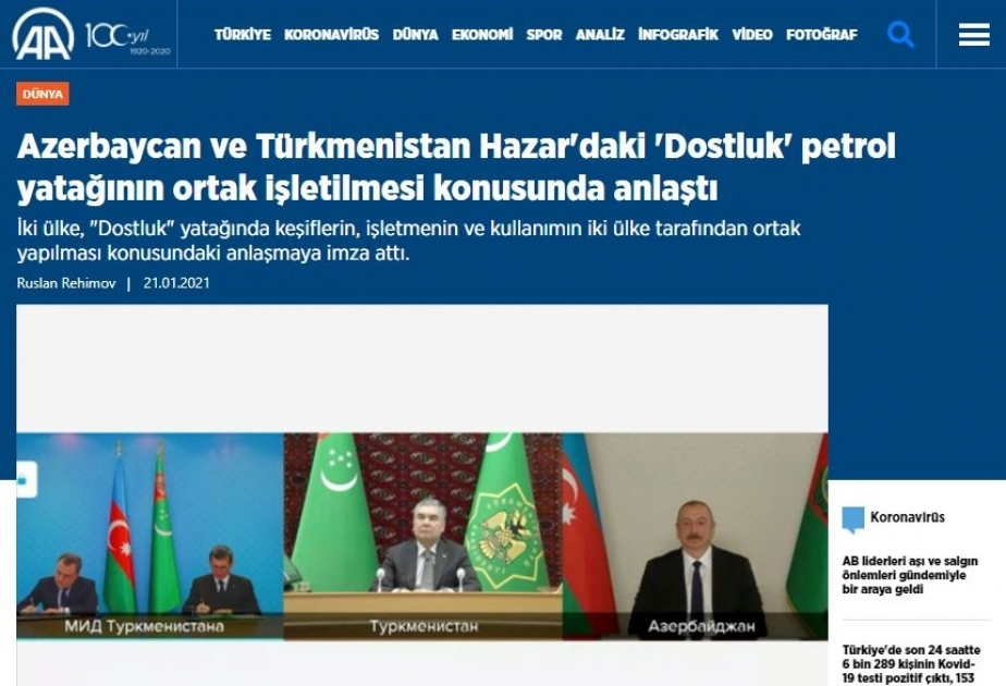 Türkiyə KİV-lərində Azərbaycan ilə Türkmənistan arasında imzalanan Anlaşma Memorandumu barədə geniş məlumatlar yayımlanıb