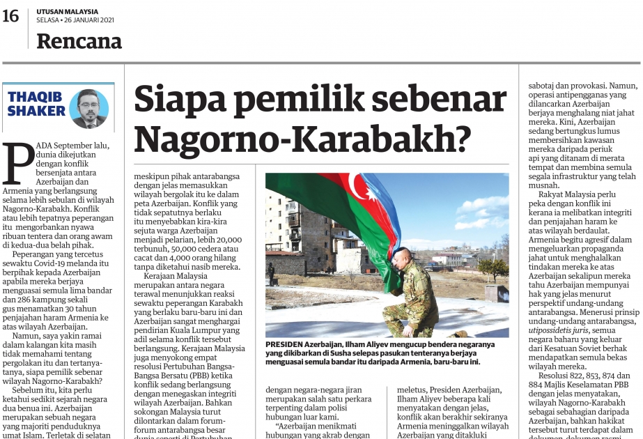 Malayziya qəzeti: Azərbaycan sülh, yaxşı qonşuluq və regional əməkdaşlığın qətiyyətli müdafiəçisidir