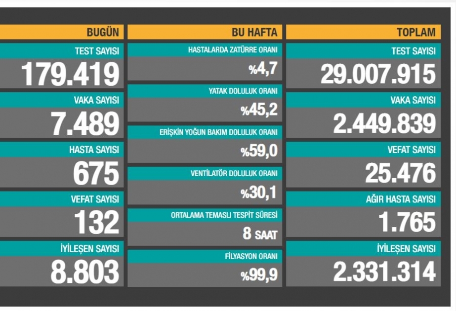 Türkiyədə son sutkada 132 nəfər koronavirusdan ölüb