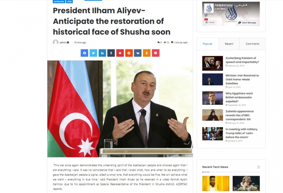 Egyptian Aldiplomasy news portal posts article highlighting restoration of historical appearance of Shusha soon