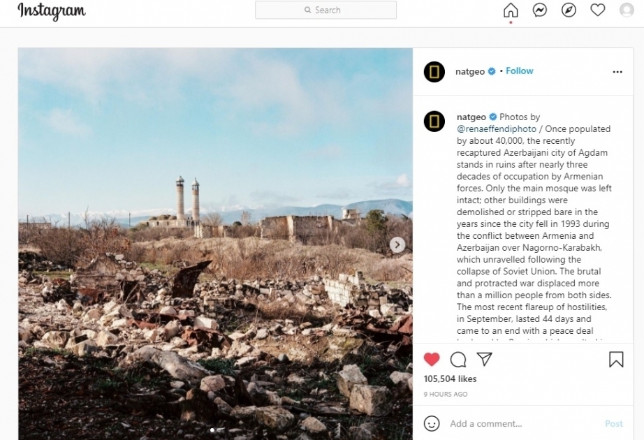 "National Geographic" compartió fotos en Instagram de la devastación cometida por los armenios en Agdam