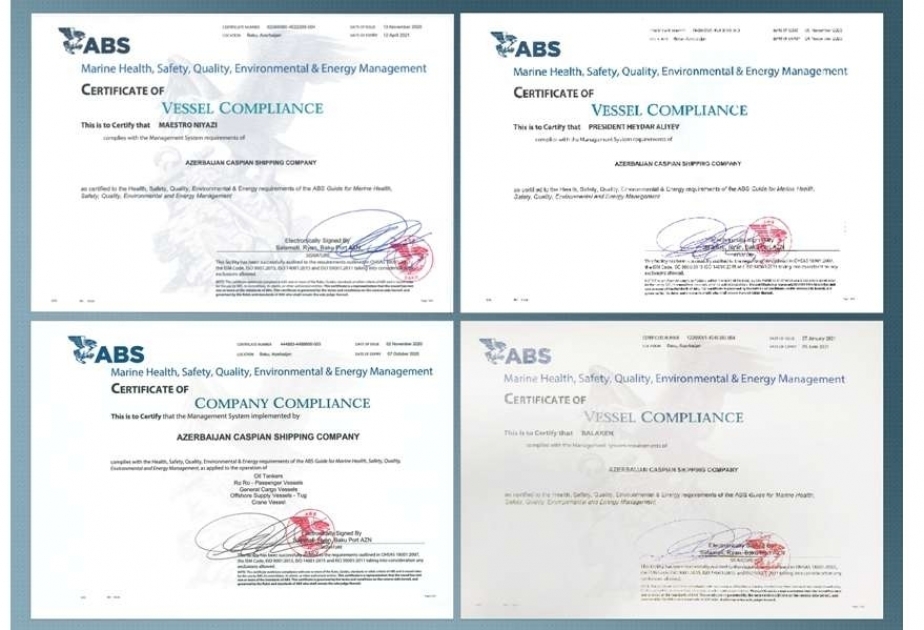 Американское бюро судоходства выдало сертификат Азербайджанскому Каспийскому морскому пароходству на следующие 5 лет
