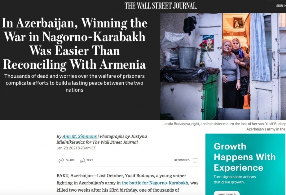 ABŞ-ın “Wall Street Journal” nəşrində Azərbaycanın Qarabağ müharibəsində qələbəsinə həsr edilmiş məqalə dərc olunub
