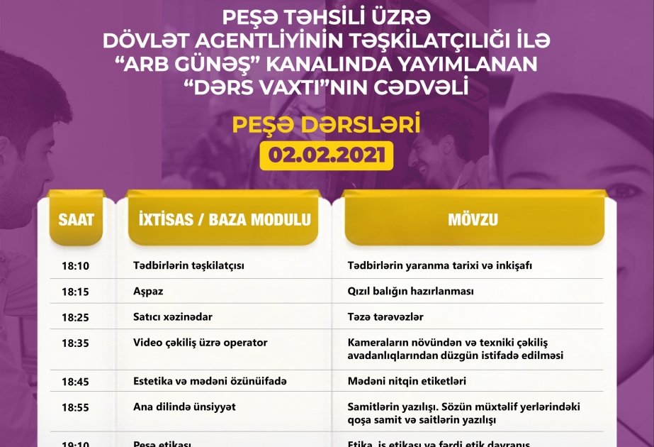 Peşə təhsili üzrə “Dərs vaxtı”nın fevralın 2-nə olan cədvəli
