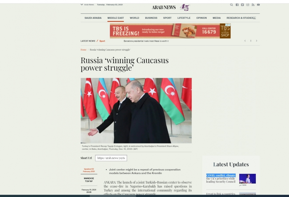 “Arabnews” qəzetində Qarabağdakı Birgə Monitorinq Mərkəzinin fəaliyyəti barədə məqalə dərc edilib