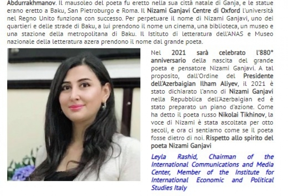 İtaliya mətbuatında dahi mütəfəkkir şair Nizami Gəncəvi haqqında məqalə dərc olunub