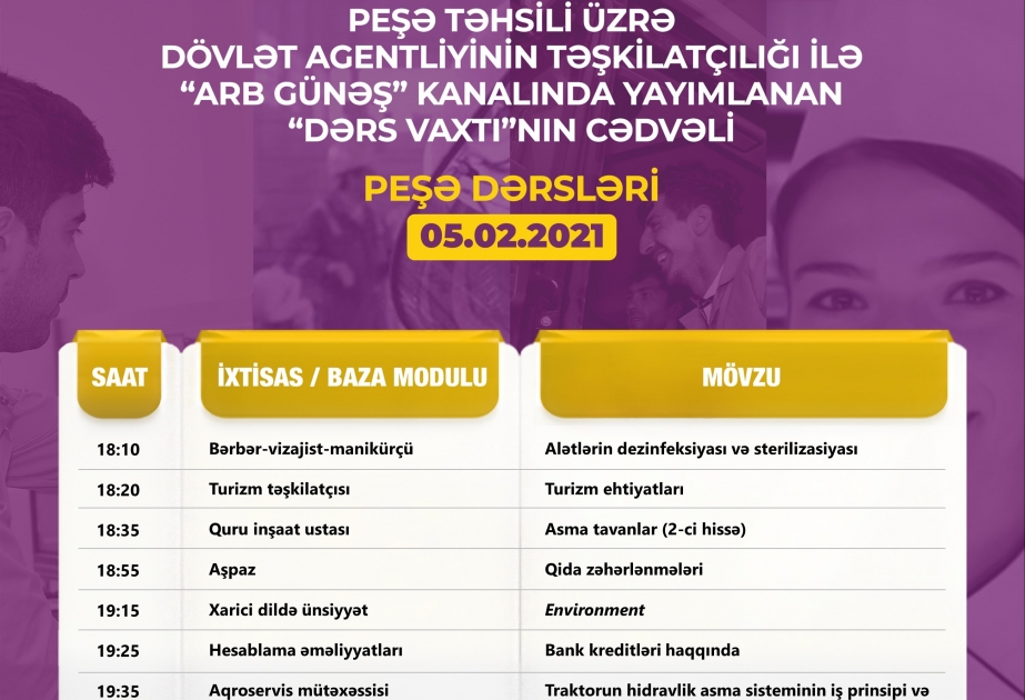 Peşə təhsili üzrə “Dərs vaxtı”nın fevralın 5-nə olan cədvəli