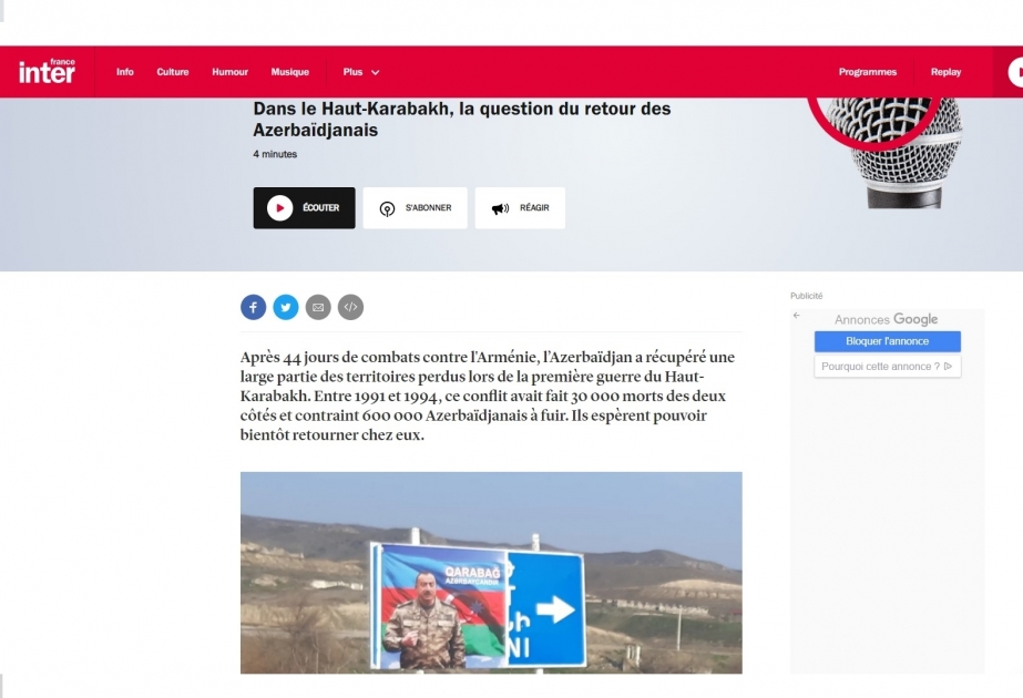 France Inter : Dans le Haut-Karabakh, la question du retour des Azerbaïdjanais