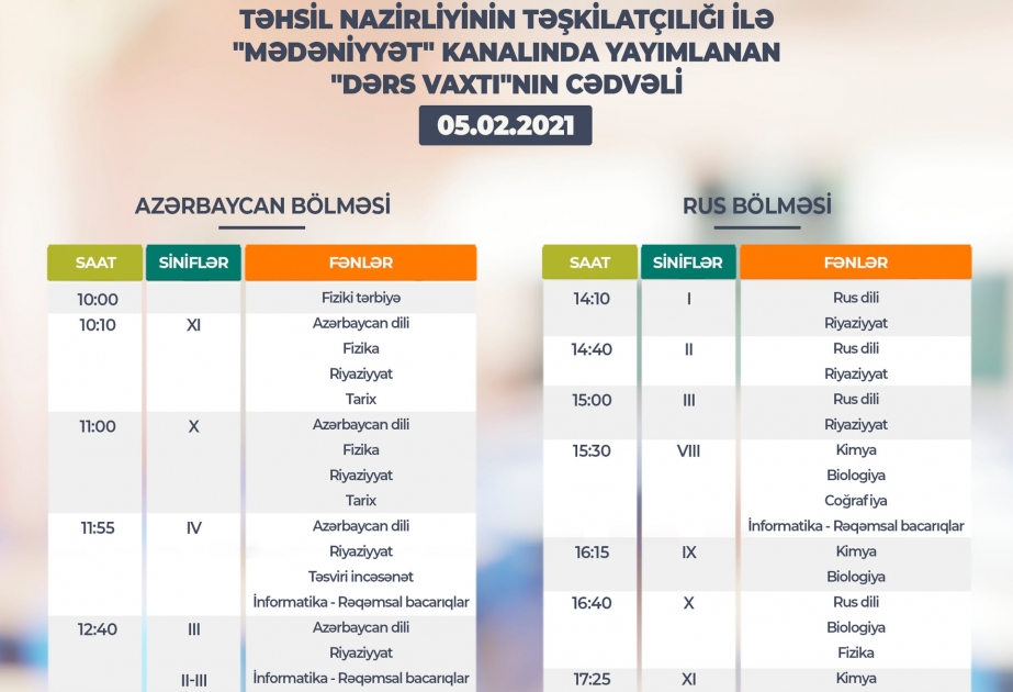 Teledərslərin bu günə olan cədvəli