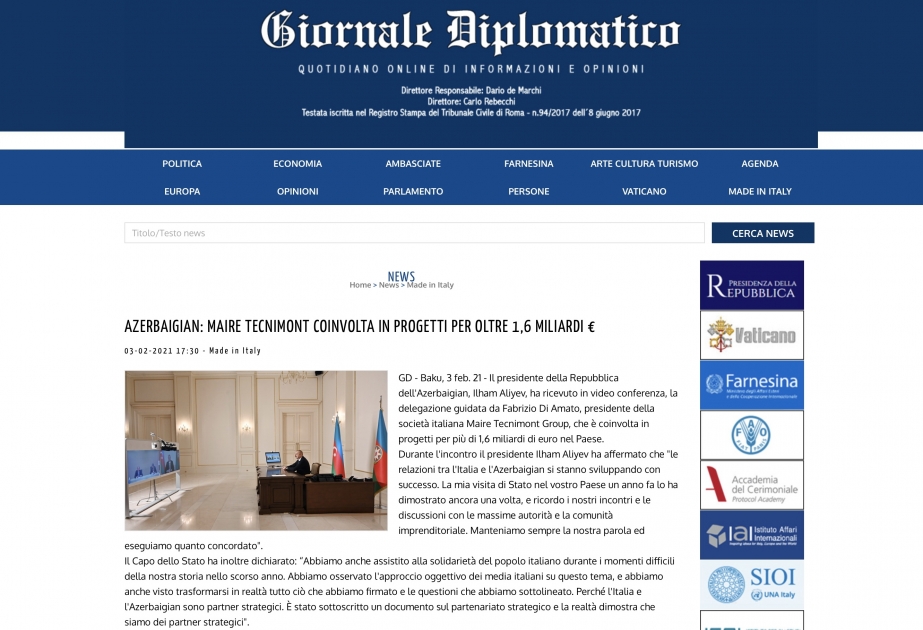 Azərbaycan Prezidentinin “Maire Tecnimont Group” şirkətinin nümayəndə heyətini qəbul etməsi İtaliya mətbuatı tərəfindən geniş işıqlandırılıb