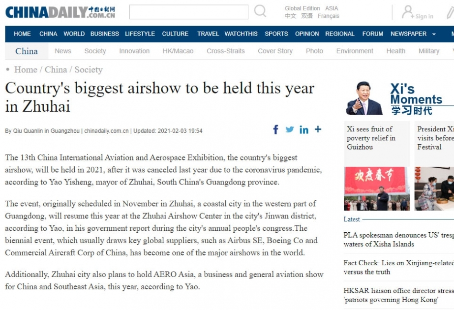China’s biggest airshow to be held this year in Zhuhai