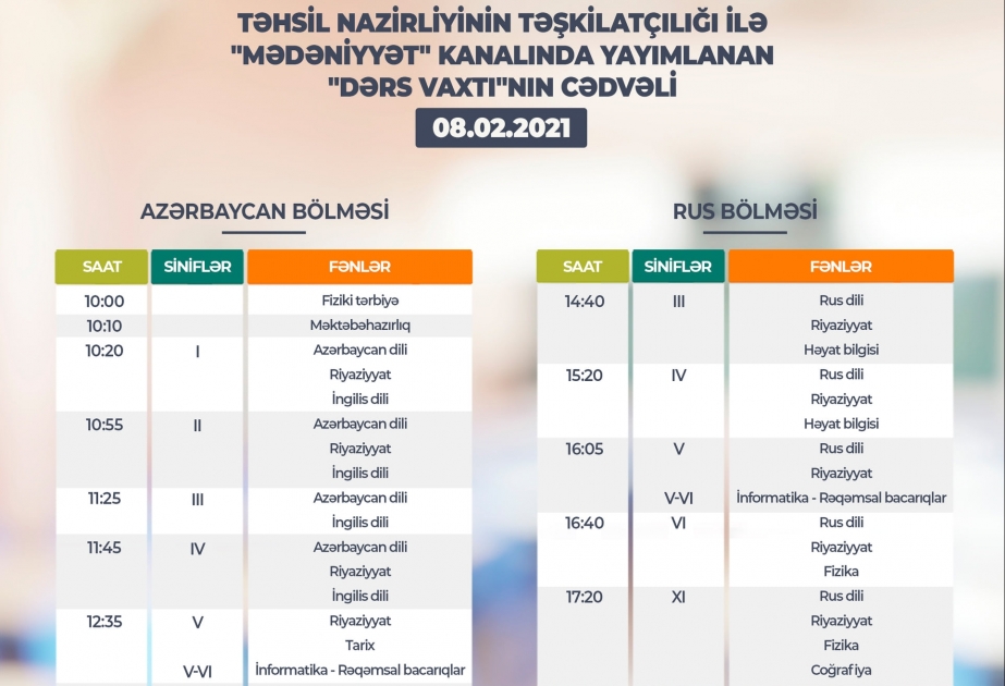 Teledərslərin fevralın 8-nə olan cədvəli