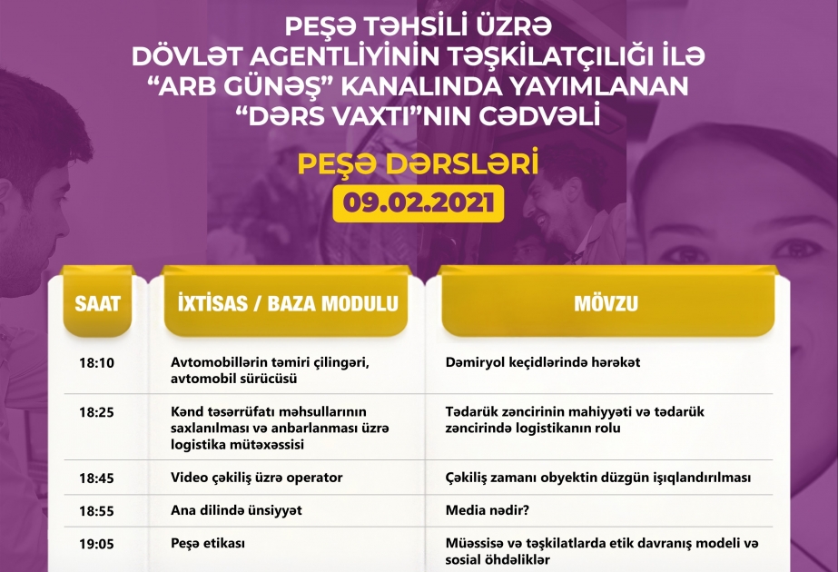 Peşə təhsili üzrə “Dərs vaxtı”nın fevralın 9-na olan cədvəli