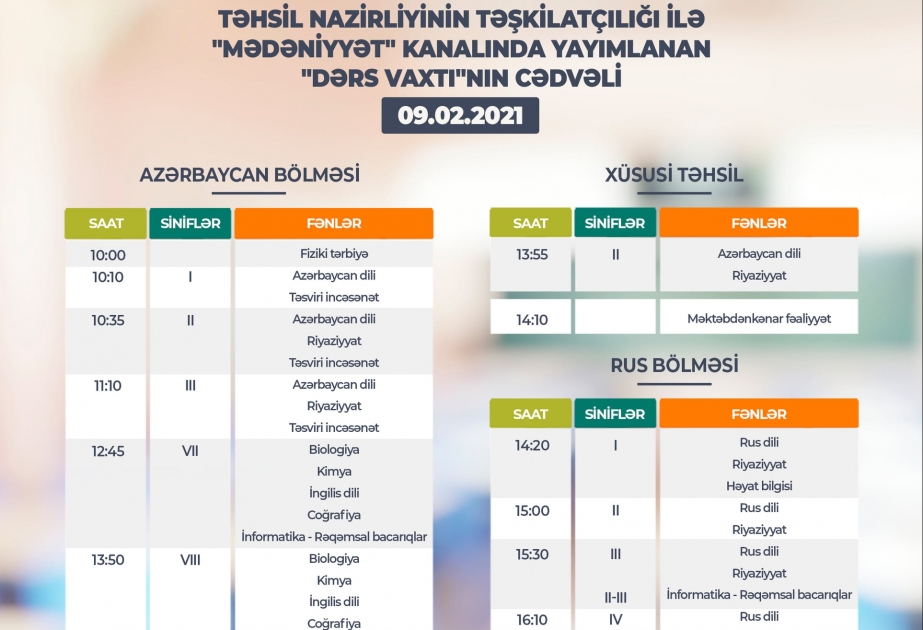 Teledərslərin bu günə olan cədvəli