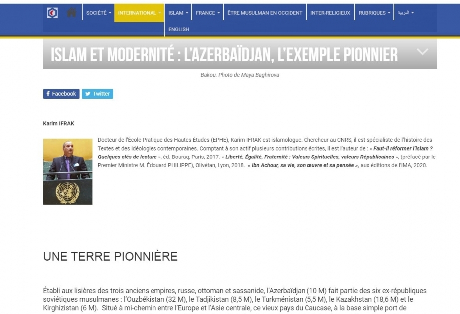 Un site français a publié un article intitulé « Islam et modernité : l'Azerbaïdjan, l'exemple pionnier »