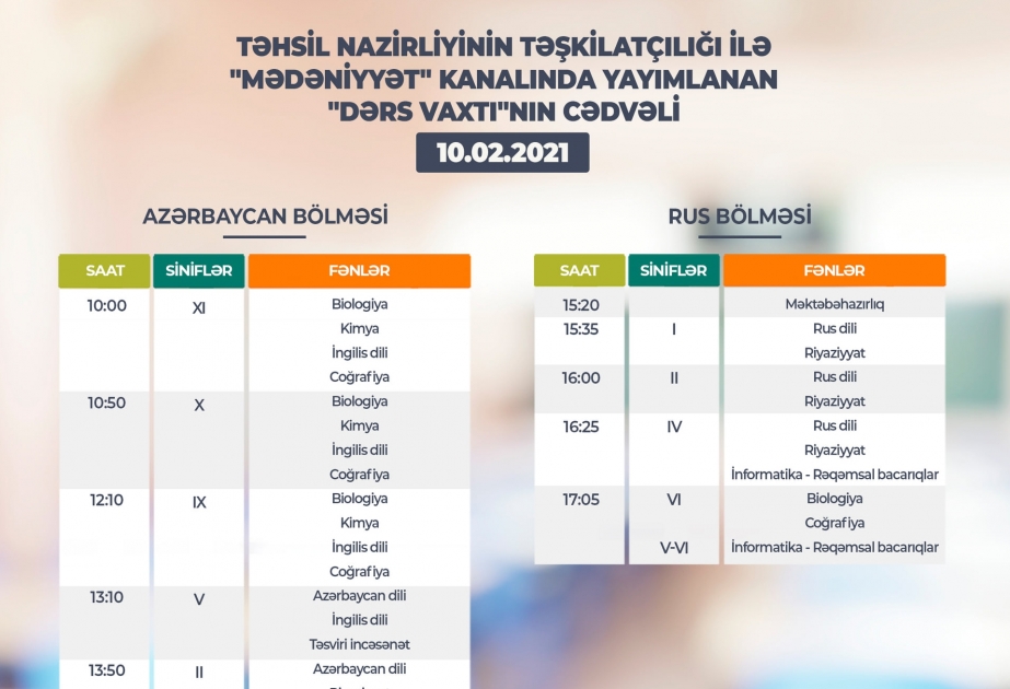 Teledərslərin bu günə olan cədvəli açıqlanıb