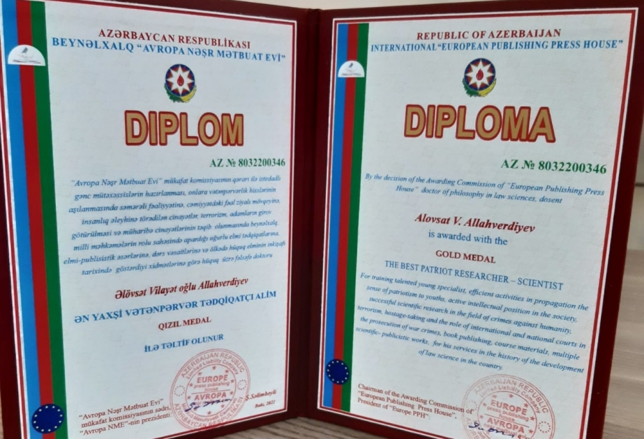 Hüquqşünas alim “Avropa Nəşr Mətbuat Evi”nin qızıl medalı ilə təltif olunub
