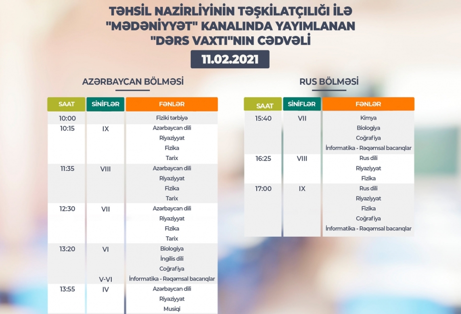Teledərslərin bu günə olan cədvəli