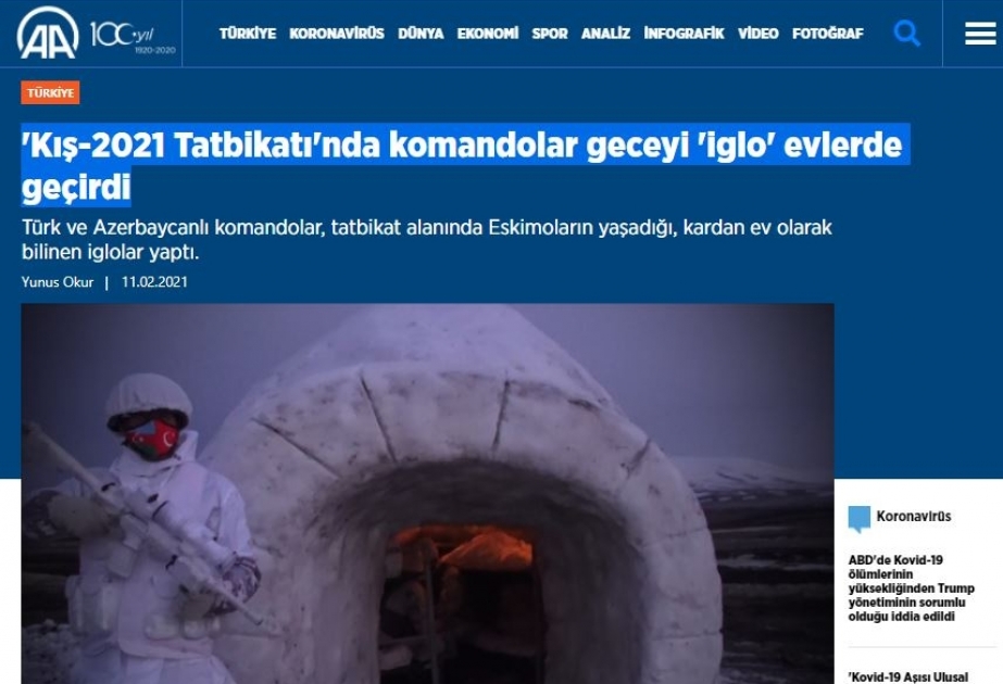 Türkiyə mediası Qarsda keçirilən “Qış təlimi-2021” birgə təlimlərini geniş işıqlandırıb