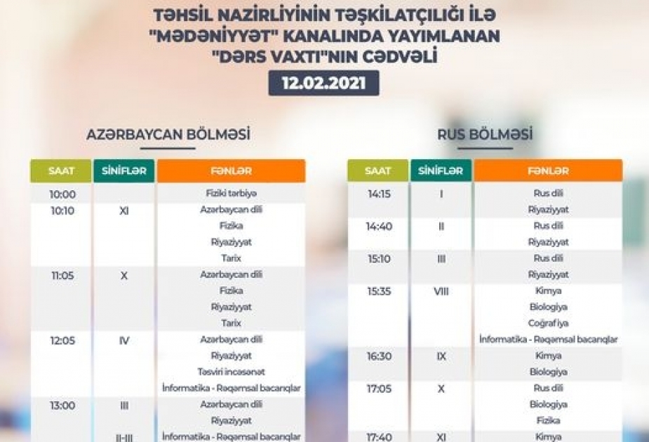 Teledərslərin bu günə olan cədvəli