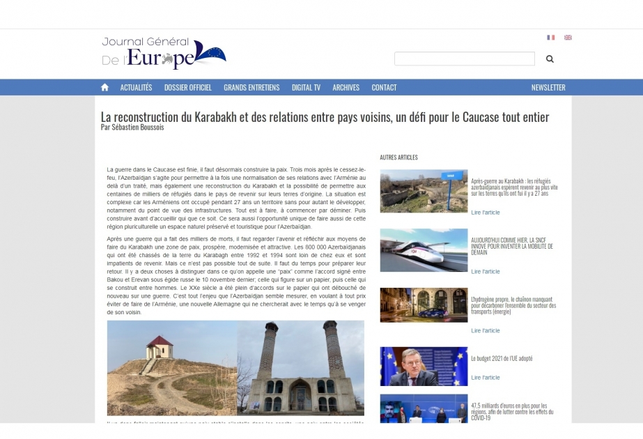 Un site français publie un article sur la reconstruction du Karabagh