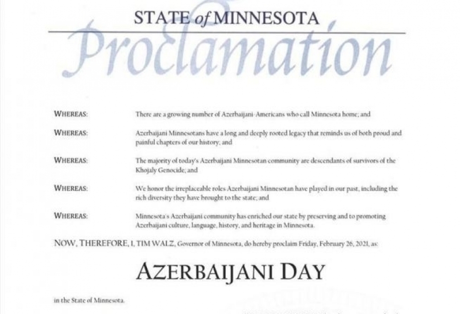 Le 26 février proclamé Journée de l'Azerbaïdjan au Minnesota, aux Etats-Unis
