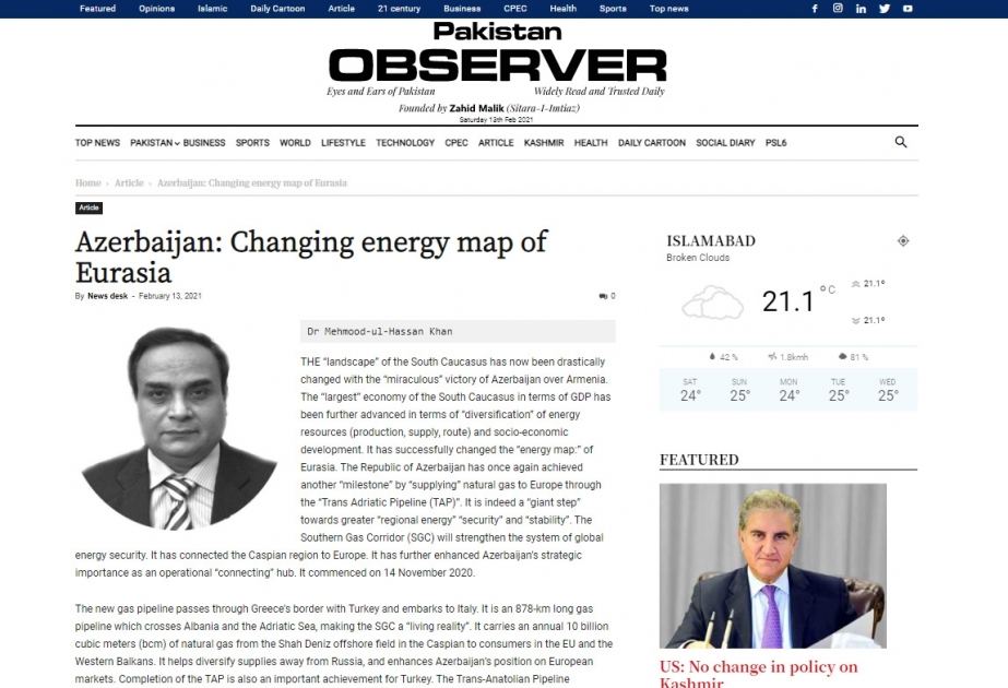 Pakistanlı analitik: Azərbaycan Avrasiyanın enerji xəritəsini dəyişir