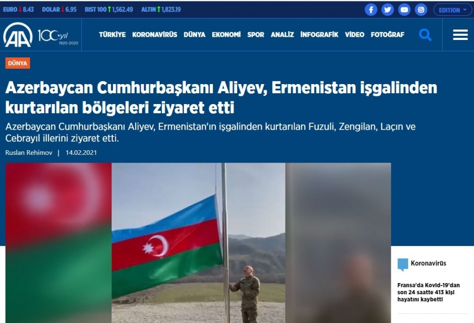 Türkiyə mediası Prezident İlham Əliyevin işğaldan azad olunmuş ərazilərə səfərini geniş işıqlandırıb